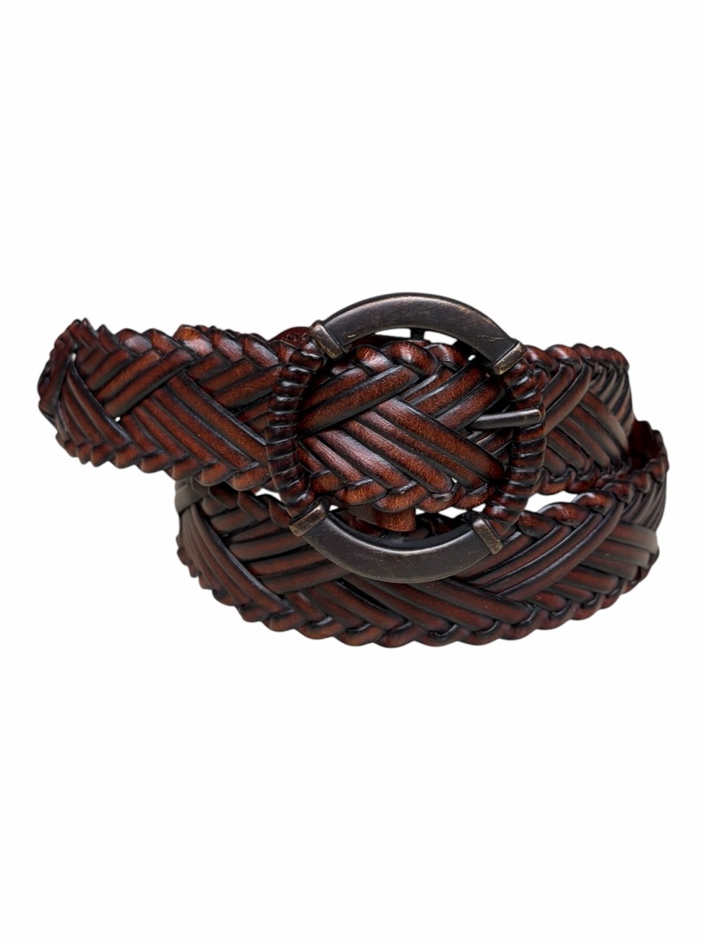 Brown Braided Genuine Leather Belt Large Round Buckle Boho Western, Size Large